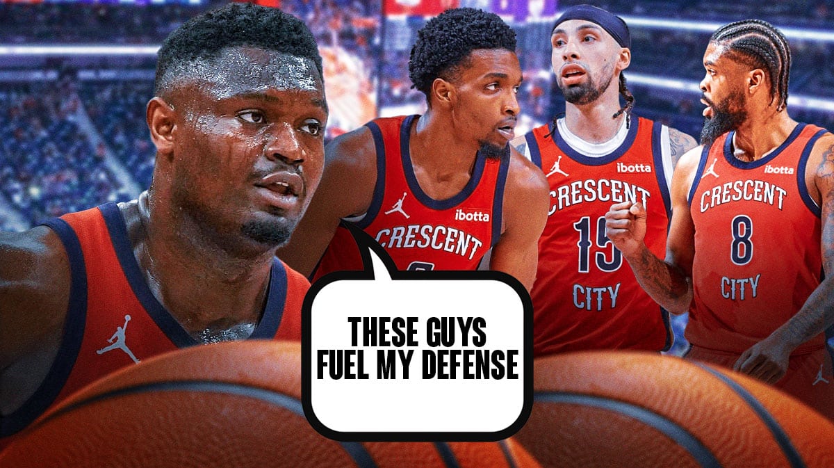 Pelicans Zion Williamson pointing to Herb Jones, Naji Marshall, Jose Alvarado saying "These guys fuel my defense" might work.