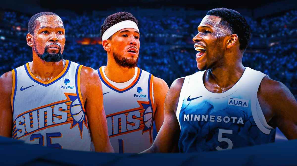 Phoenix Suns' Devin Booker, Kevin Durant next to Timberwolves' Anthony Edwards
