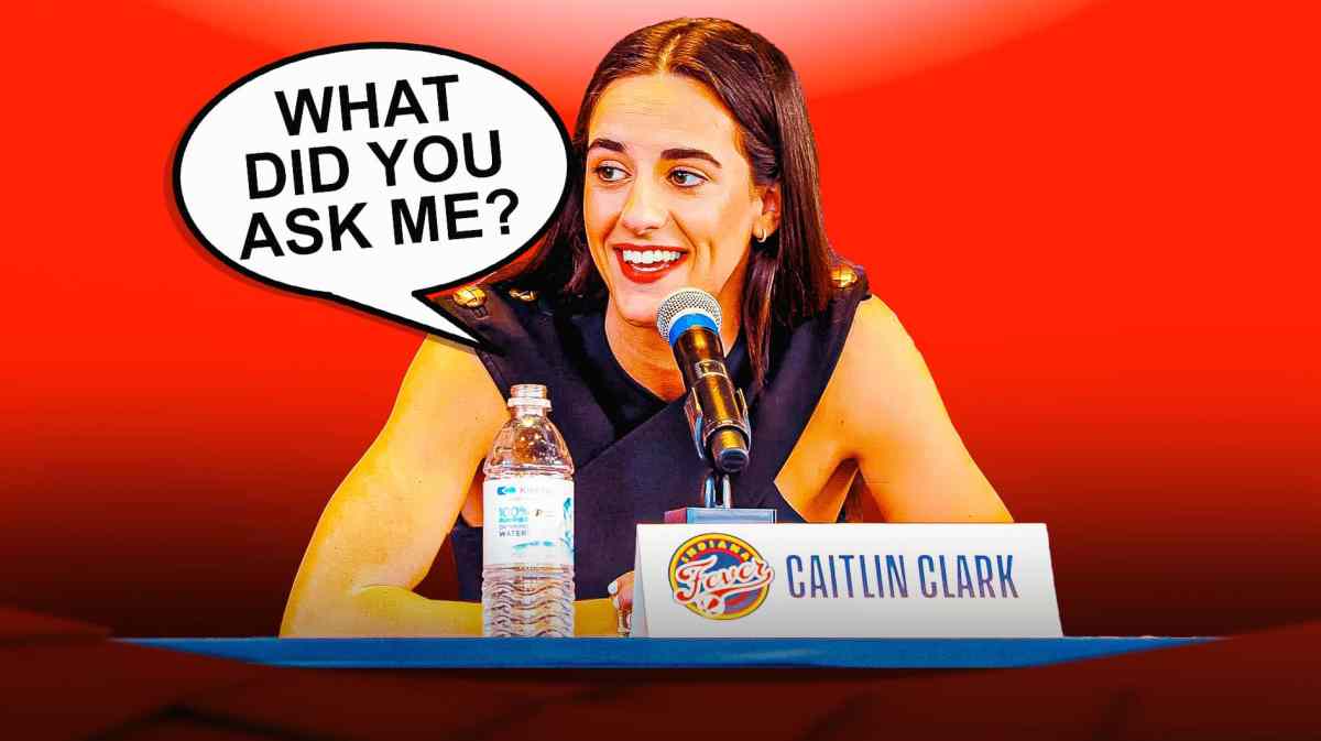 Caitlin Clark sitting at a press conference table looking serious. Have her asking the following question in a speech bubble: What did you ask me?