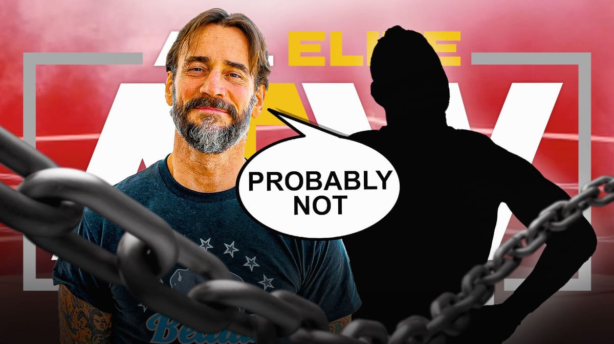 CM Punk wot a text bubble reading “Probably not” next to the blacked-out silhouette of Colt Cabana with the AEW logo as the background.