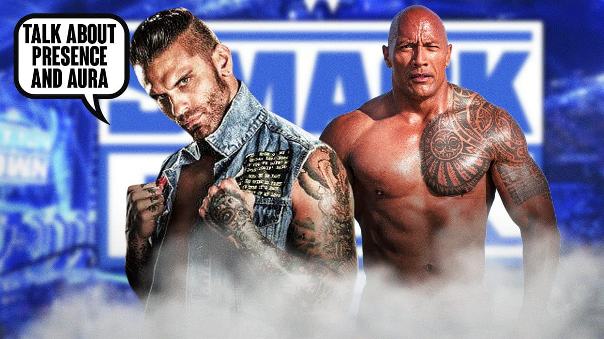 Corey Graves with a text bubble reading “Talk about presence and aura” next to The Rock with the SmackDown logo as the background.