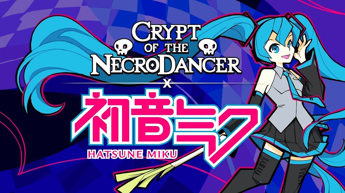 crypt necrodancer hatsune miku, crypt necrodancer collab, hatsune miku collab, crypt necrodancer, hatsune miku, key art for the crypt of the necrodancer hatsune miku collab