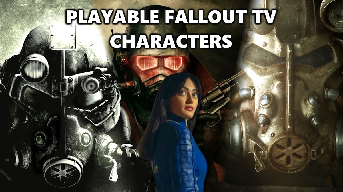 fallout tv characters, fallout tv, fallout, fallout tv playable, key art for fallout 3 new vegas and 4 in the background with lucy maclean in the foreground and the words playable fallout tv characters