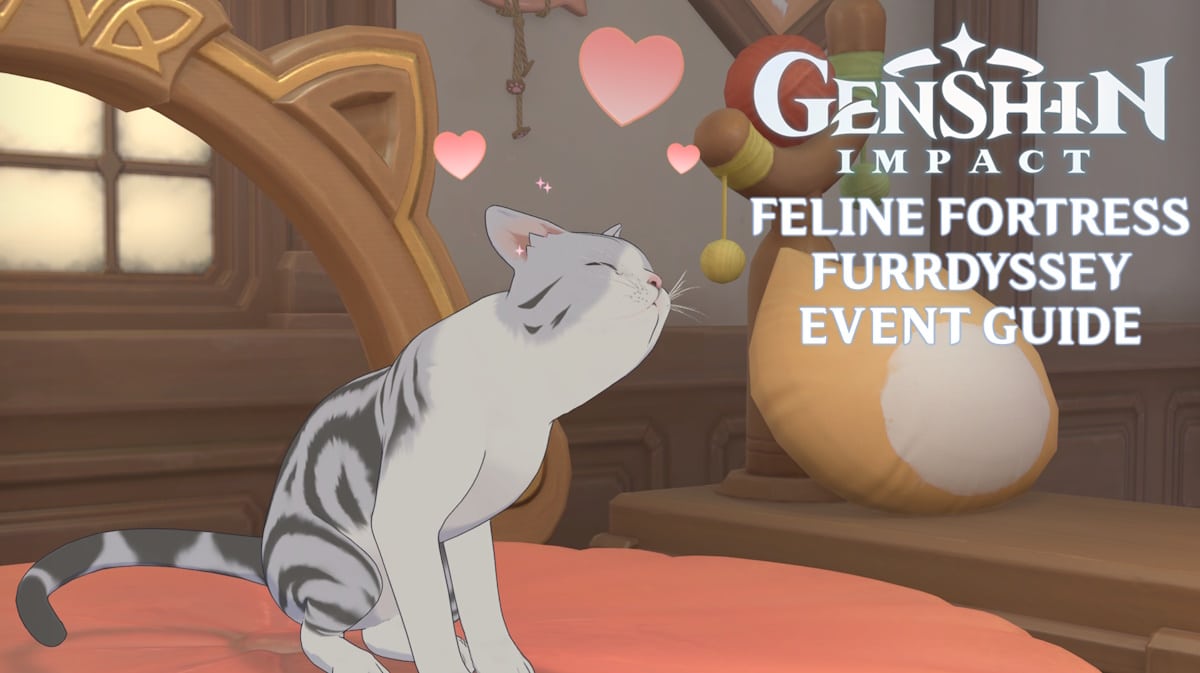 feline fortress furrdyssey, feline fortress furrdyssey guide, feline fortress furrdyssey event, genshin impact event, genshin impact, an ingame screenshot of the cat petting interface with the genshin impact logo in one corner and the words feline fortress furrdyssey event guide under it