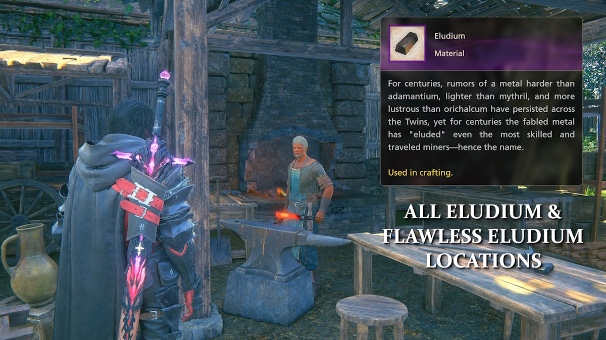f16 eludium, ff16 flawless eludium, ff16 rising tide, ff16 eludium locations, f116 flawless eludium locations, an ingame screenshot of the blacksmith in Haven with the eludium tooltip on one side and the words all eludium and flawless eludium locations under it