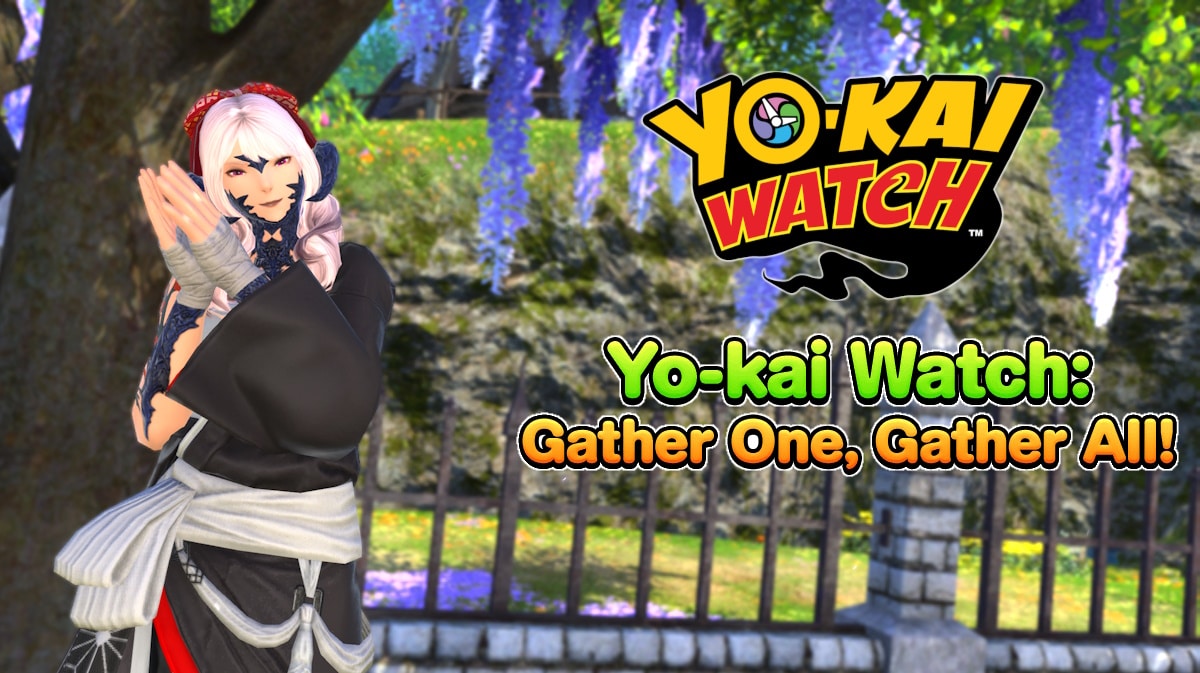 ffxiv yokai, ffxiv yokai watch, ffxiv collab, ffxiv event, ffxiv, an ingame screenshot from ffxiv with the yokai watch logo on one side and the event title below it