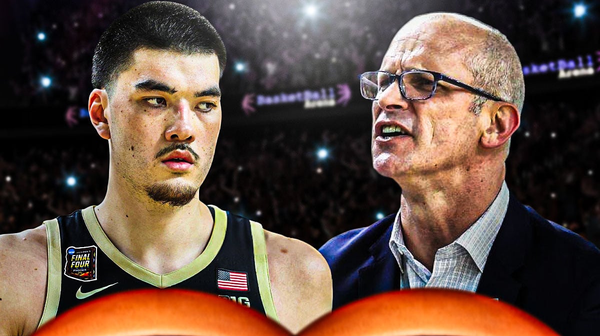Purdue basketball center Zach Edey on the left, UConn coach Dan Hurley on the right.