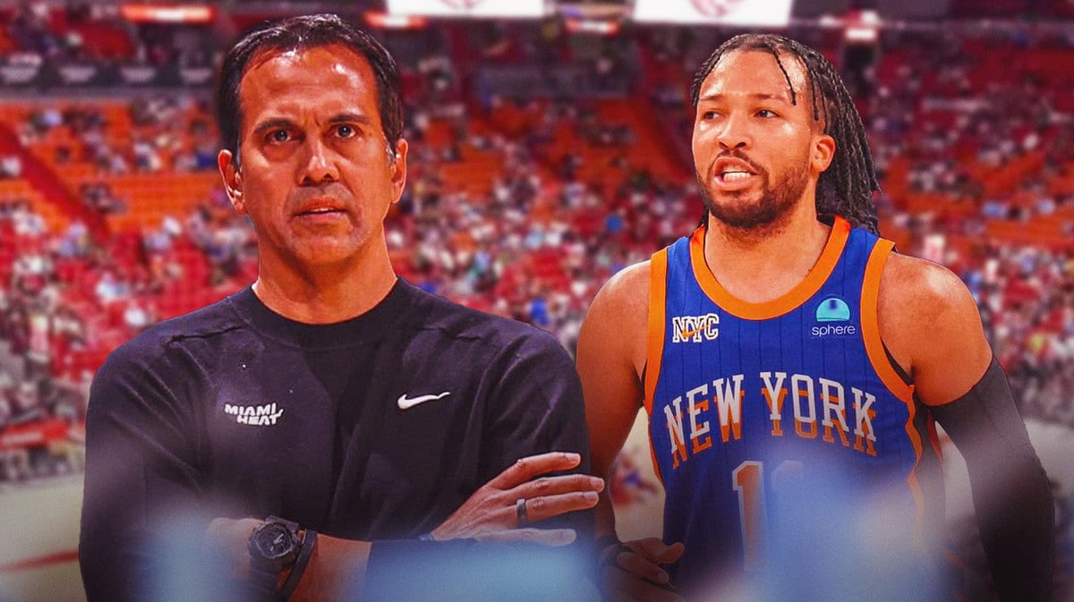 Miami Heat head coach Erik Spoelstra and New York Knicks star Jalen Brunson in front of the Kaseya Center.