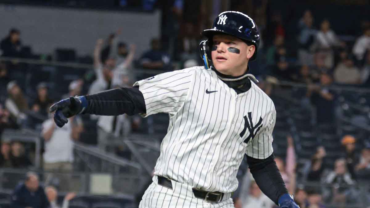 New York Yankees left fielder Alex Verdugo (24) reacts after hitting a solo home run during the second inning against the Miami Marlins at Yankee Stadium