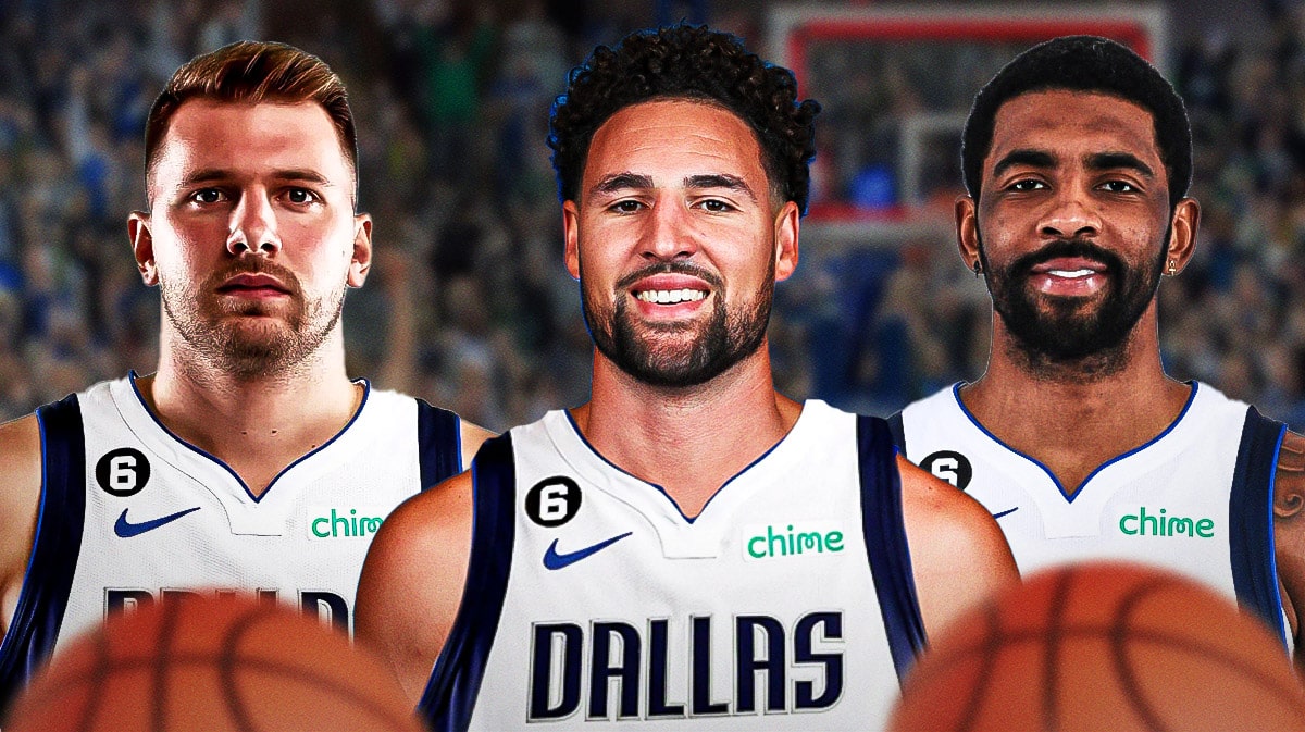 Klay Thompson in front in a Mavericks uniform. On left, Mavericks' Luka Doncic. On right, Mavericks' Kyrie Irving.