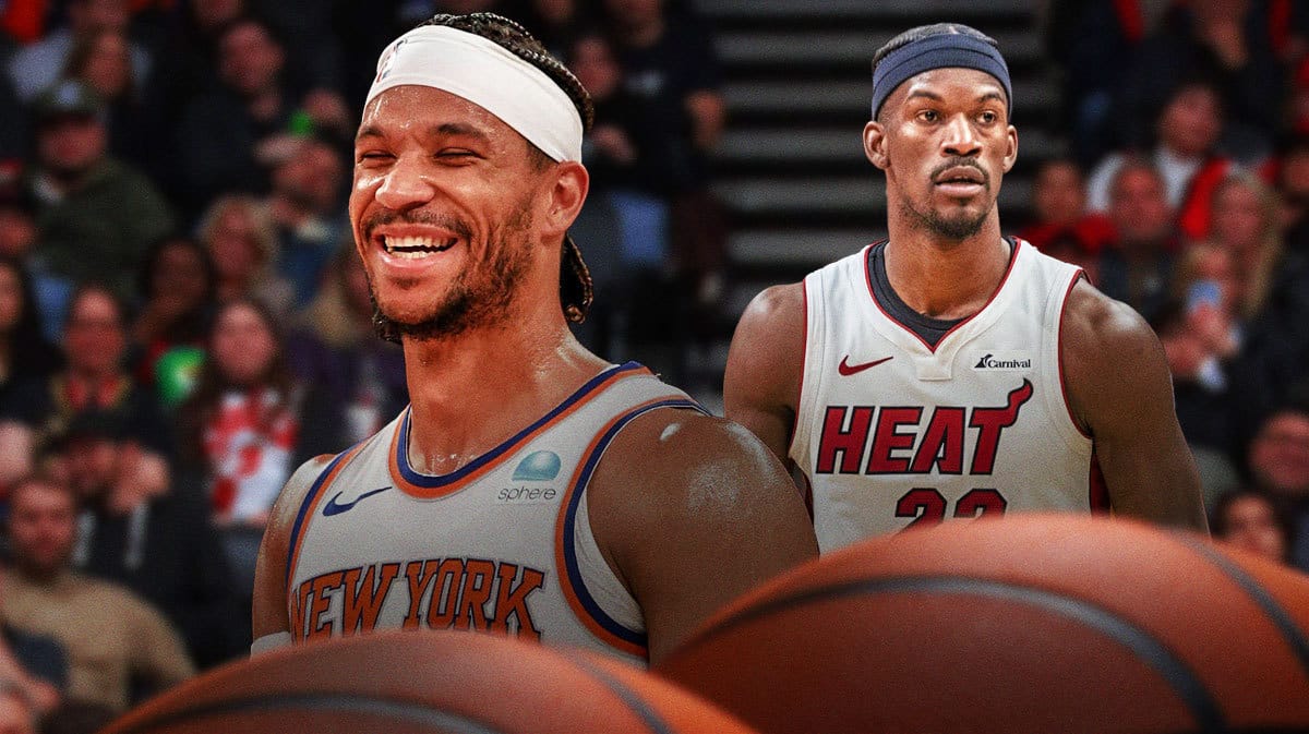 Josh Hart laughing, Jimmy Butler looking serious