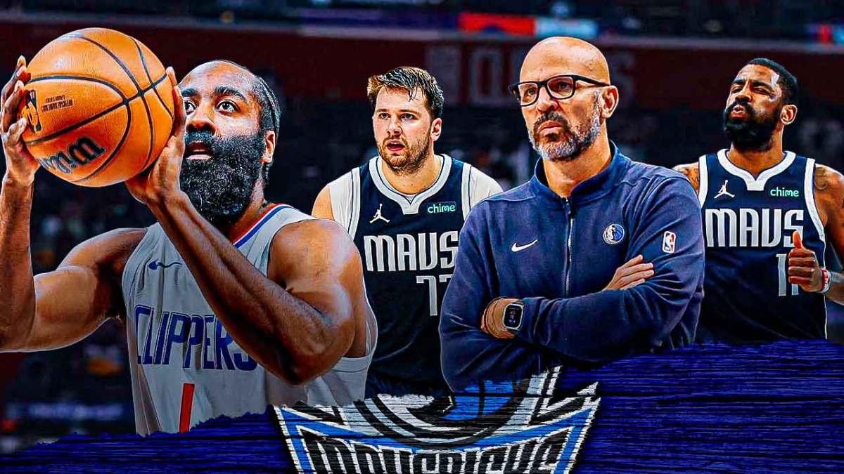 Mavericks' Jason Kidd, Mavericks' Kyrie Irving, Mavericks' Luka Doncic all on left. Clippers' James Harden shooting a basketball on right.