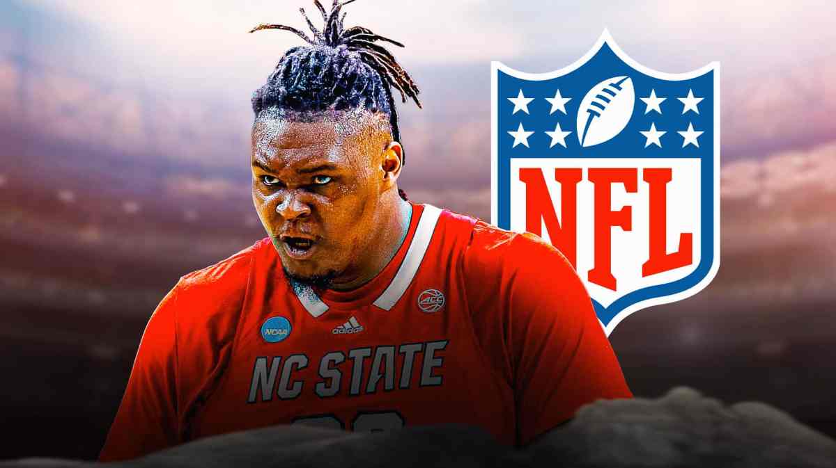 NC State basketball, DJ Burns, DJ Burns NC State, DJ Burns NFL rumors, Wolfpack, DJ Burns with NFL logo in the background