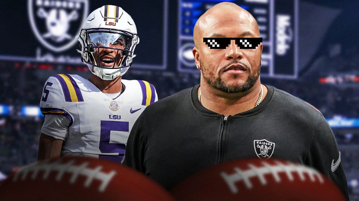 Antonio Pierce (Raiders) head coach with deal with it shades and Jayden Daniels (LSU quarterback)