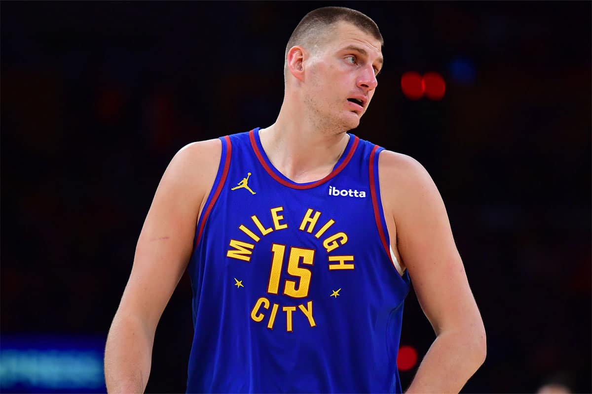 Denver Nuggets center Nikola Jokic (15) reacts during the second half in game three of the first round for the 2024 NBA playoffs at Crypto.com Arena.