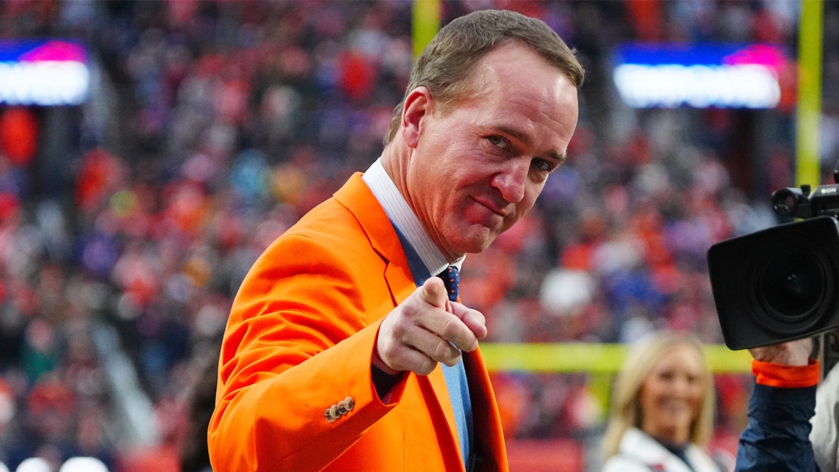 Oct 31, 2021; Denver, Colorado, USA; Retired American football player Peyton Manning during half time event between the Washington Football Team at Empower Field at Mile High. 