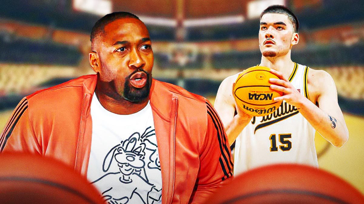 Former NBA player Gilbert Arenas and Purdue basketball star Zach Edey in front of Little Caesars Arena.