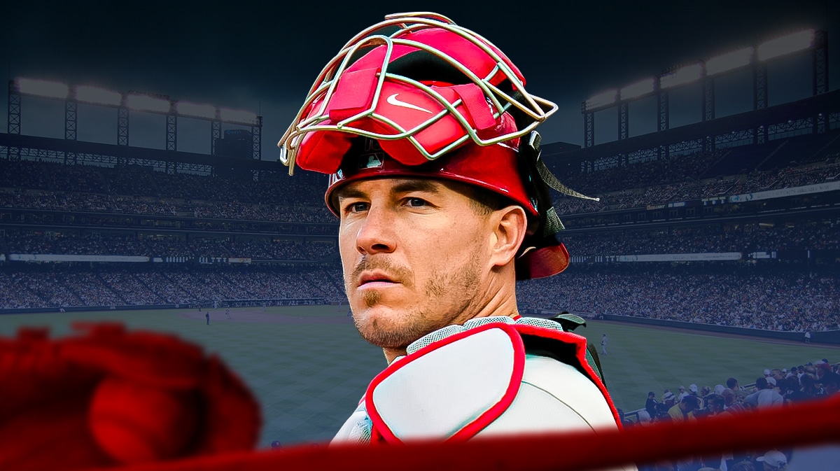 Phillies' JT Realmuto looking serious. Close-up image.