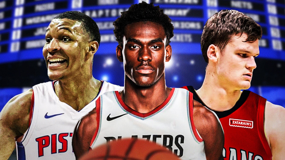 Jabari Smith in Pistons jersey, Jalen Duren in Trail Blazers jersey, Walker Kessler in Pelicans jersey