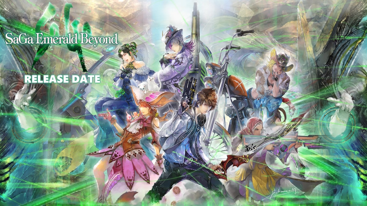 saga emerald beyond, saga emerald beyond release date, saga emerald beyond gameplay, saga emerald beyond story, saga emerald beyond trailer, key art for saga emerald beyond with the game logo in one corner and the words release date under it