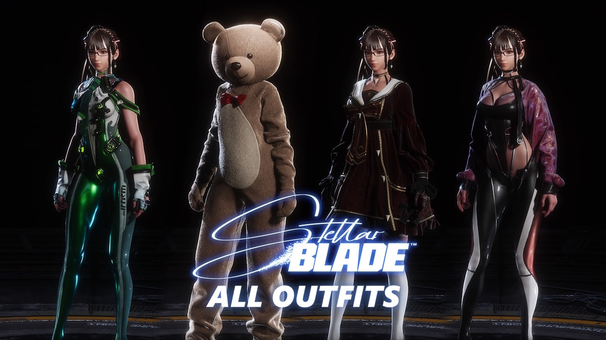 stellar blade outfits, stellar blade outfits unlock, stellar blade guide, stellar blade, stellar nano suits, a compilation of eve outfits from stellar blade with the game logo in the center and the words all outfits under it