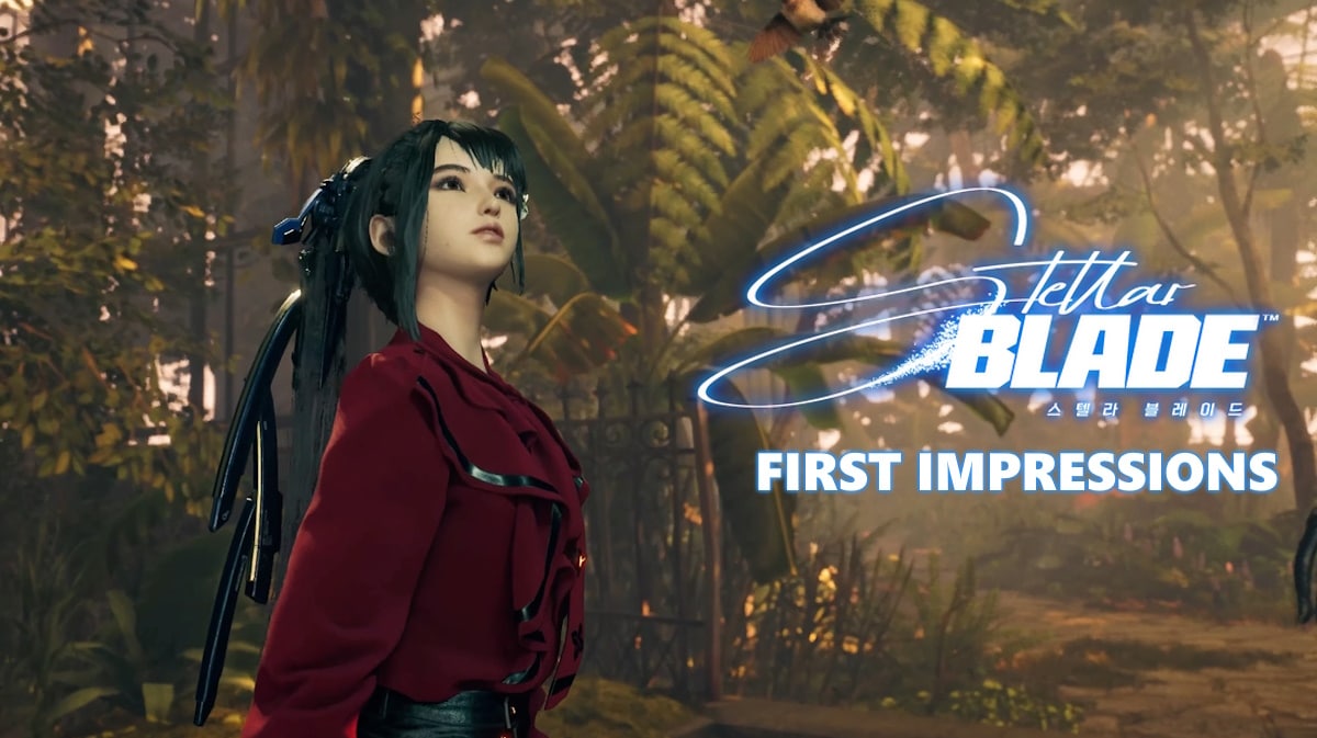 stellar blade first impressions, stellar blade demo, stellar blade gameplay, stellar blade story, stellar blade, a screenshot from the stellar blade demo trailer with the game logo on the right and the words first impressions under it