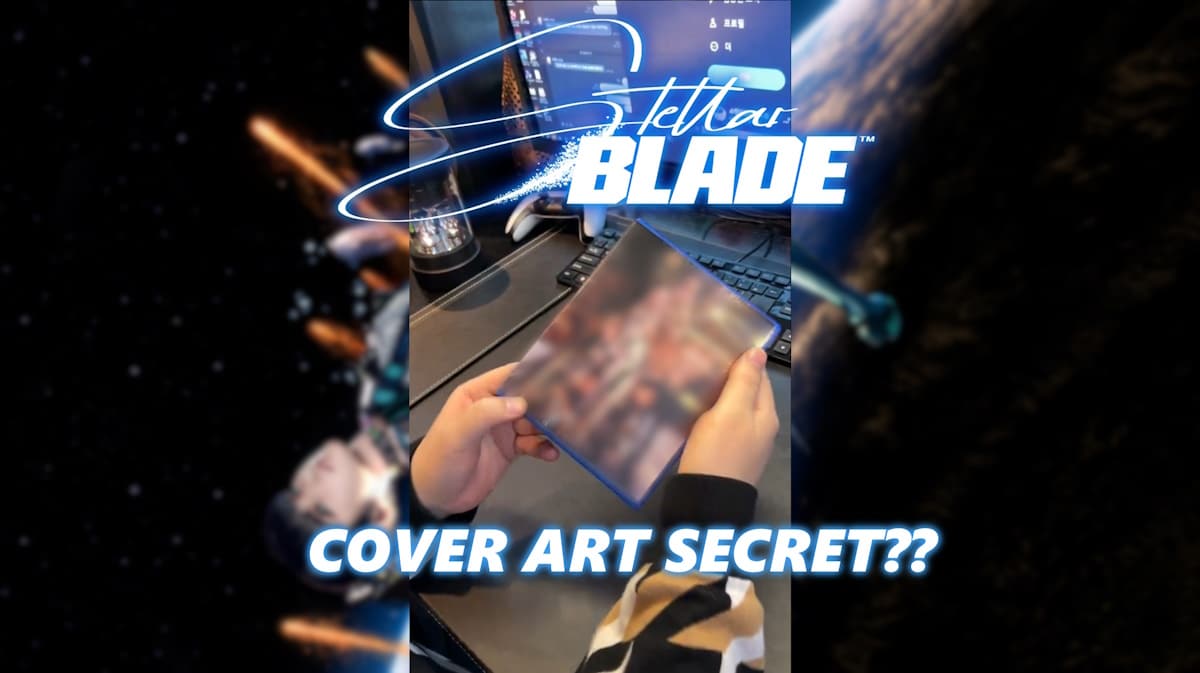 stellar blade physical cover, stellar blade physical edition, stellar blade cover, stellar blade, stellar blade secret, the key art for stellar blade blurred in the background with a screenshot from a video featuring a blurred out physical copy of the game
