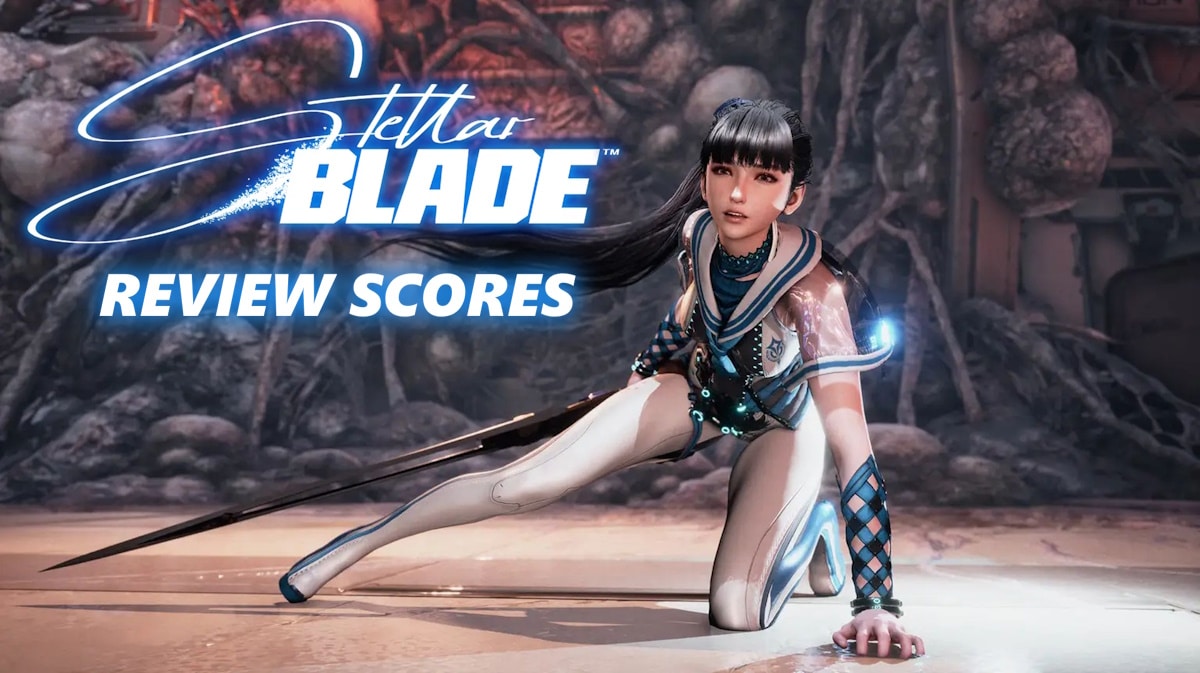 stellar blade review scores, stellar blade review, stellar blade, stellar blade scores, an image of Eve from stellar blade with the game logo in one corner and the words review scores under it