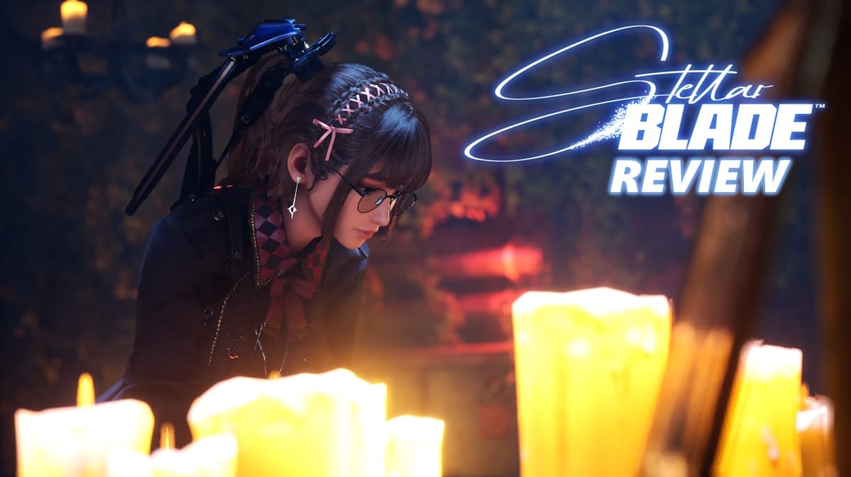 stellar blade review, stellar blade gameplay, stellar blade story, stellar blade, an ingame screenshot of Stellar Blade with the game logo in one corner and the word review under it