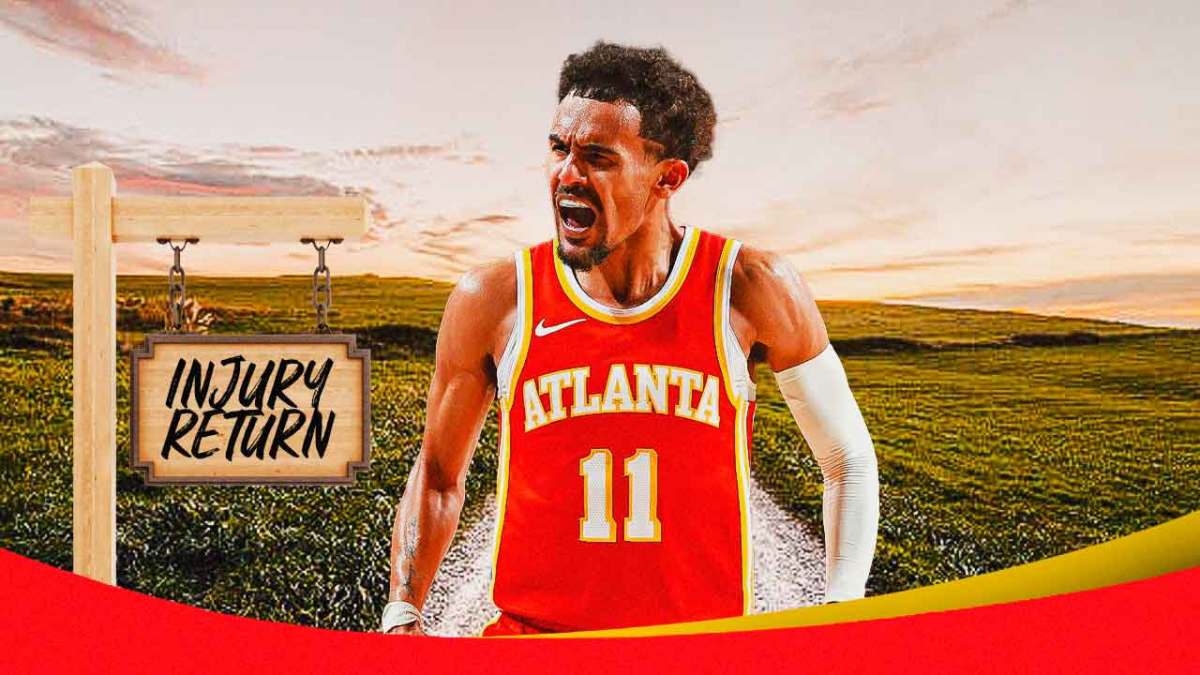 Hawks' Trae Young walking on a path. On the side of the path, place a sign that says the following: INJURY RETURN