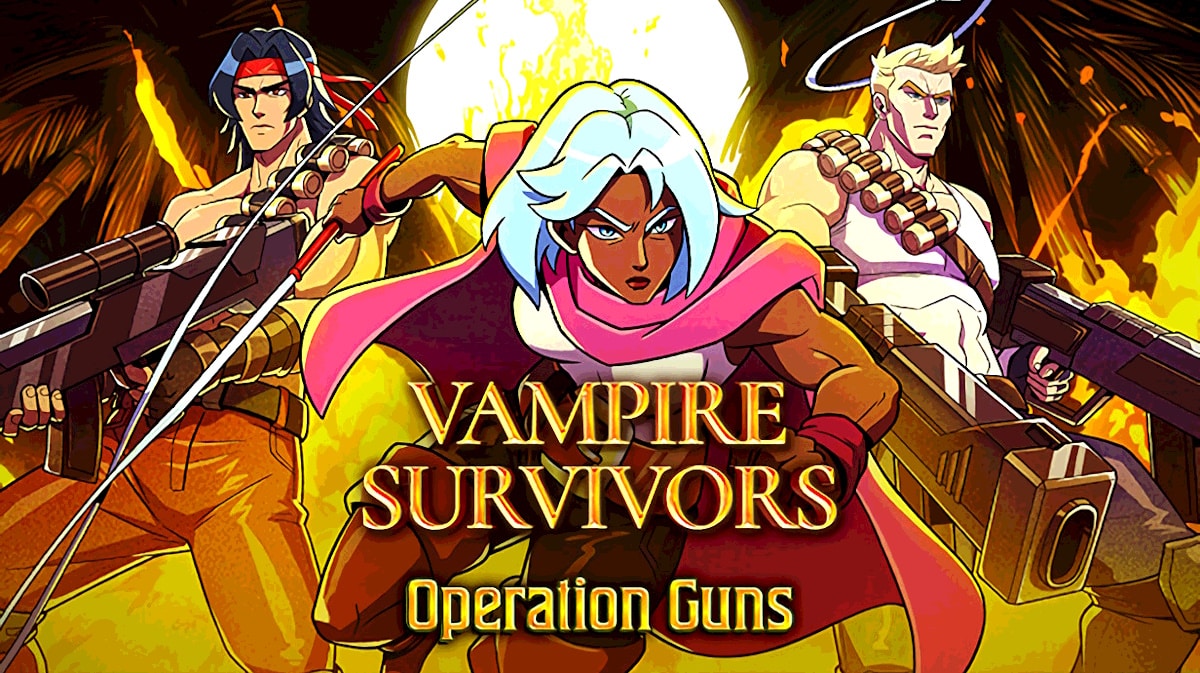 vampire survivors contra, vampire survivors collab, vampire survivors contra collab, vampire survivors, vampire survivors operation guns, key art for the vampire survivors contra collab titled operation guns