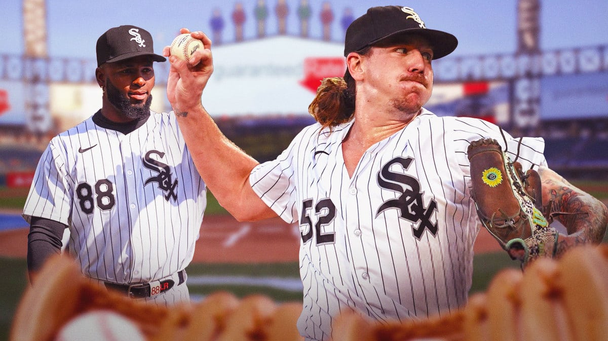 White Sox’s Mike Clevinger pitching a baseball at the White Sox’s field. White Sox’s Luis Robert looking at Clevinger.