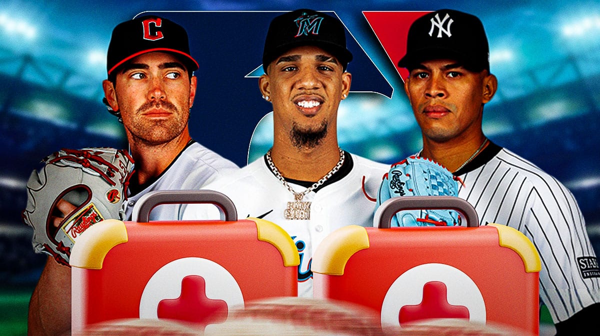 MLB pitchers Shane Bieber, Eury Pérez, and Jonathan Loaisiga all pitching with a first aid kit in front of graphic and MLB logo in back