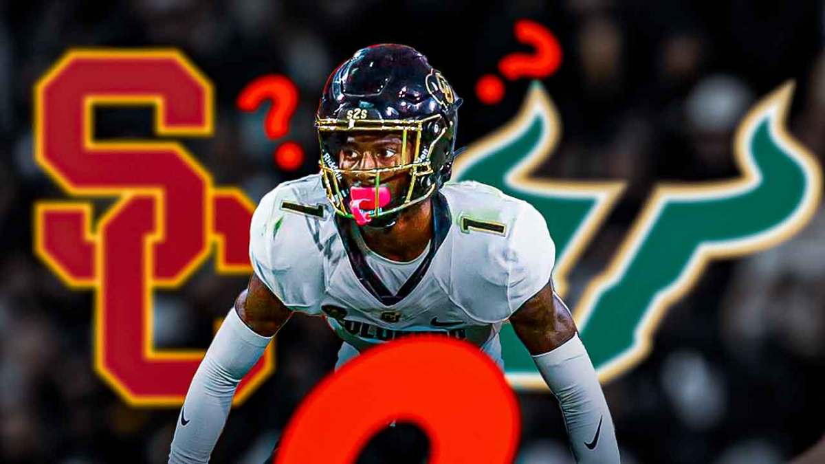 Colorado football transfer portal player Cormani McClain with USC football logo, USF football logo and question marks
