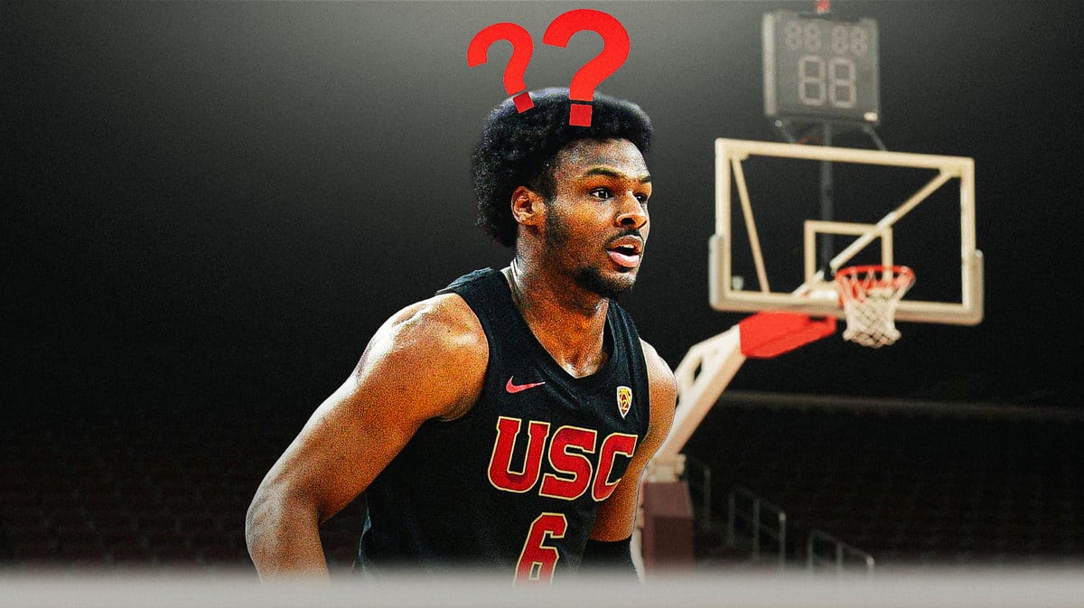 USC guard Bronny James with question marks above him