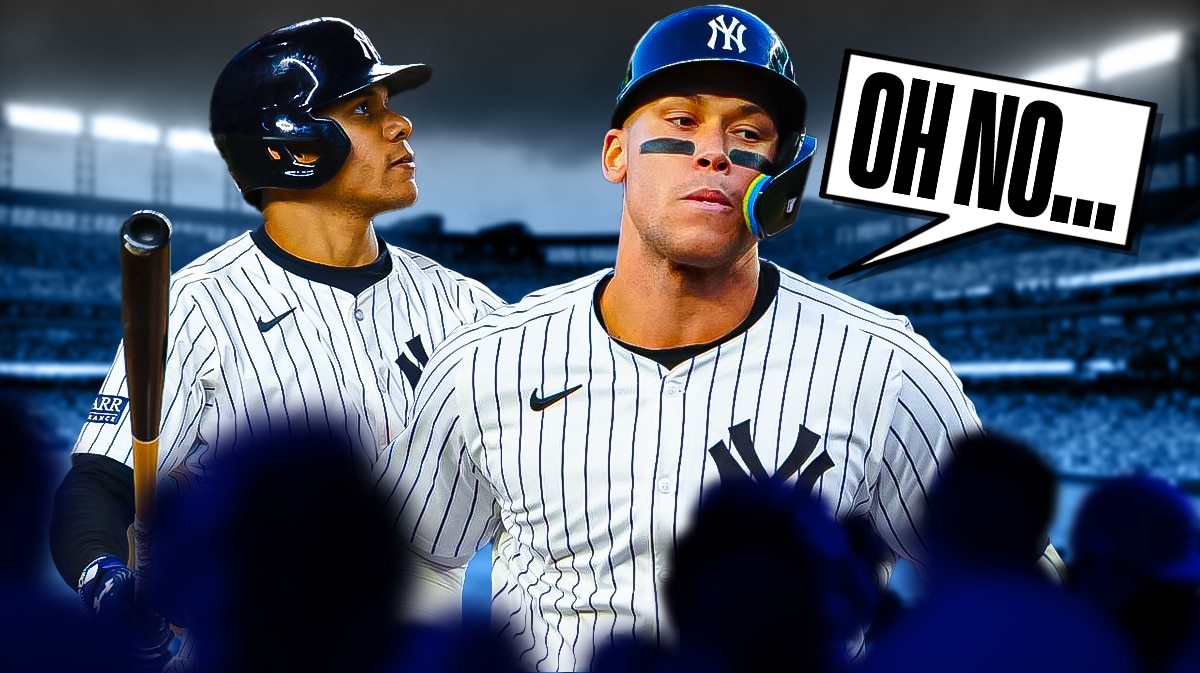 Yankees' Juan Soto, Yankees' Aaron Judge both in image. Have Judge saying the following: Oh no...