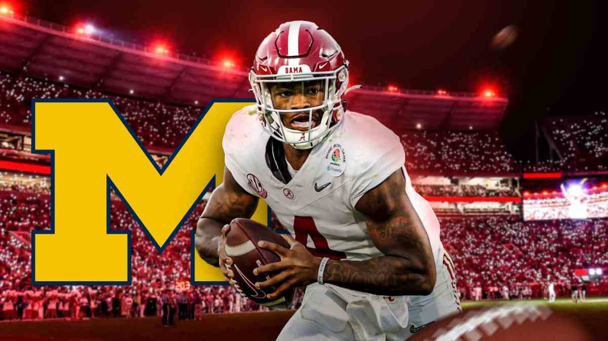 Alabama football, Crimson Tide, Jalen Milroe, Michigan football, Wolverines, Jalen Milroe and Michigan logo with Alabama football stadium in the background