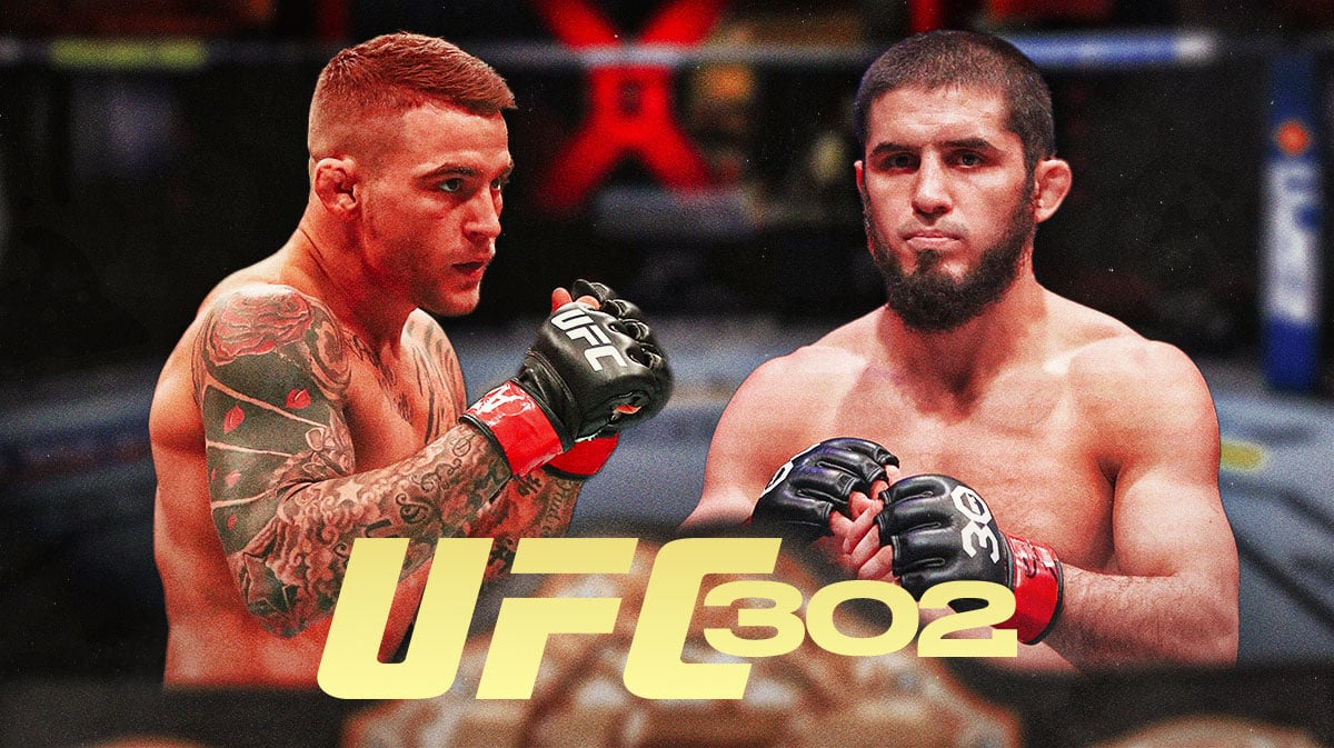 Islam Makhachev and Dustin Poirier with UFC 302 logo