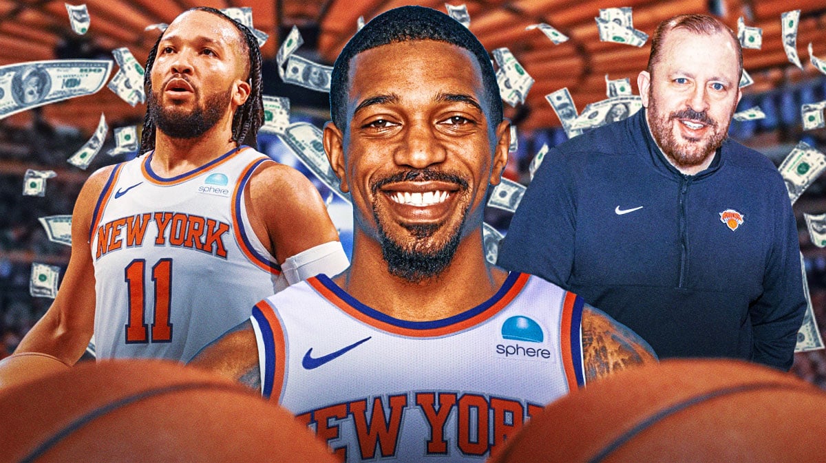 Knicks Jalen Brunson and Tom Thibodeau next to De'Anthony Melton in a Knicks jersey with money flowing all around