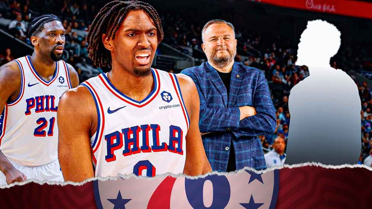 76ers' Joel Embiid, Tyrese Maxey and Daryl Lorey