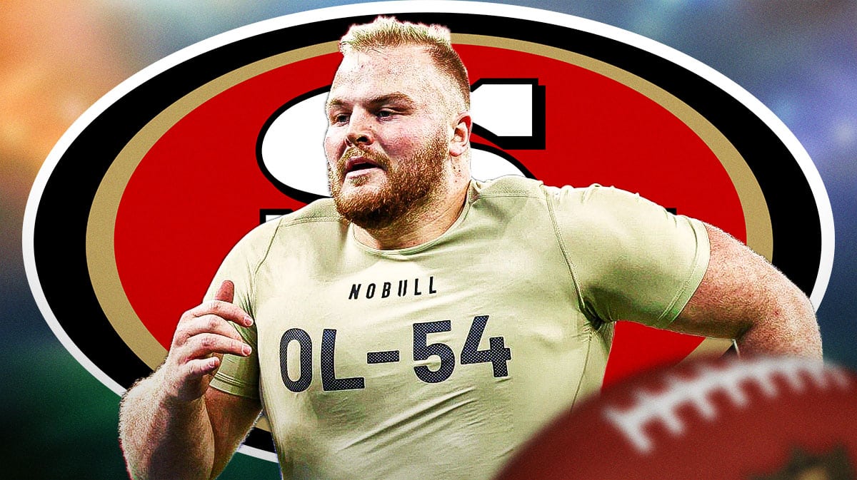 Michigan's Drake Nugent next to a 49ers logo