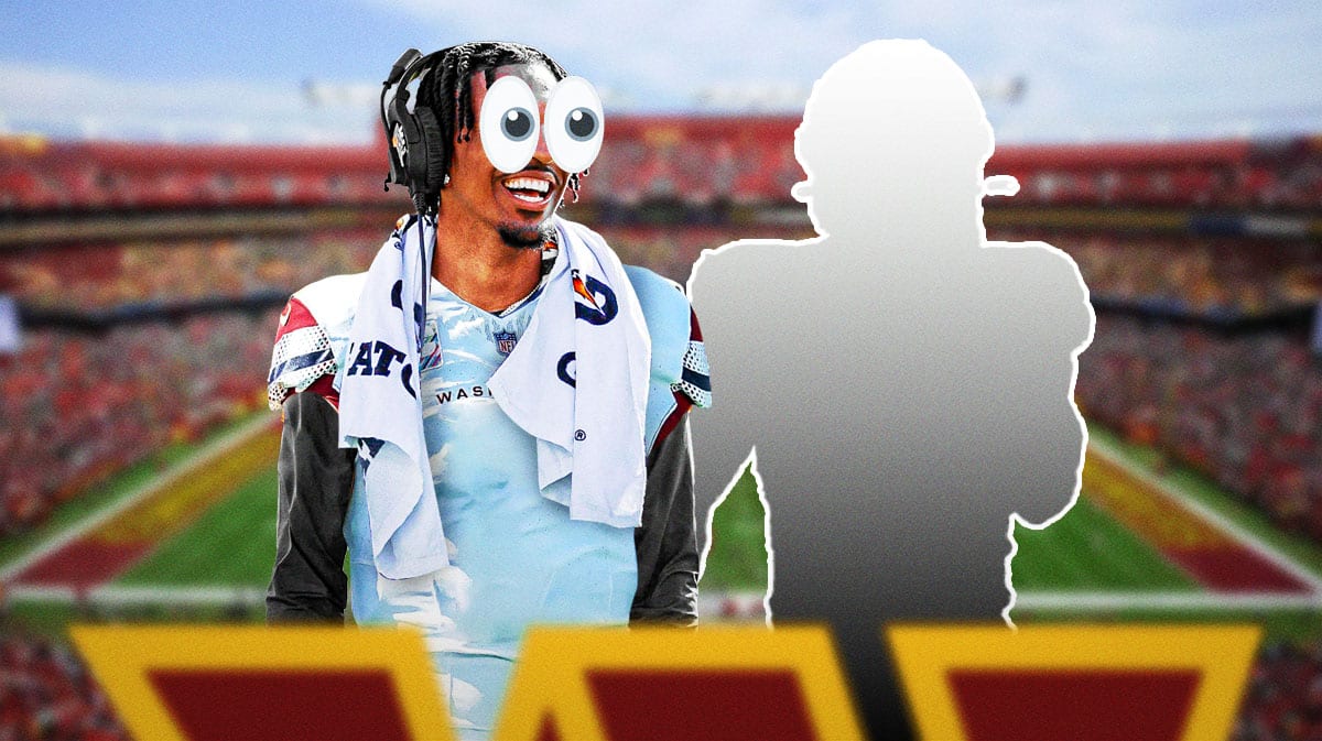 Jayden Daniels on one side in a Washington Commanders uniform with the big eyes emoji over his face, a silhouette of an NFL quarterback on the other side. Commanders rookie minicamp