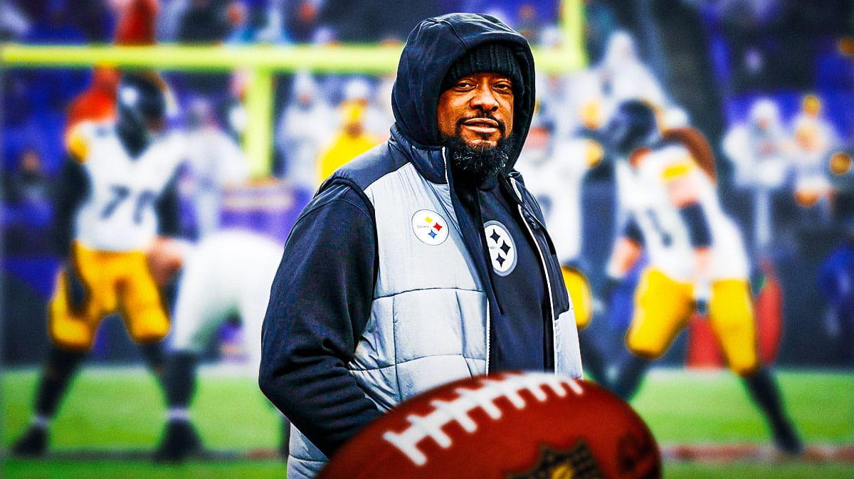 Steelers coach Mike Tomlin, with players in the background.