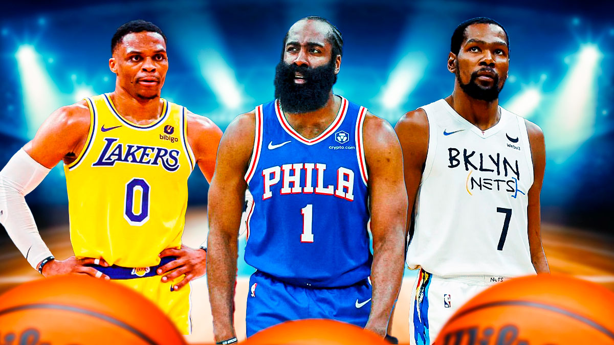 Russell Westbrook playing for the Lakers, James Harden playing for the 76ers and Kevin Durant playing for the Nets.
