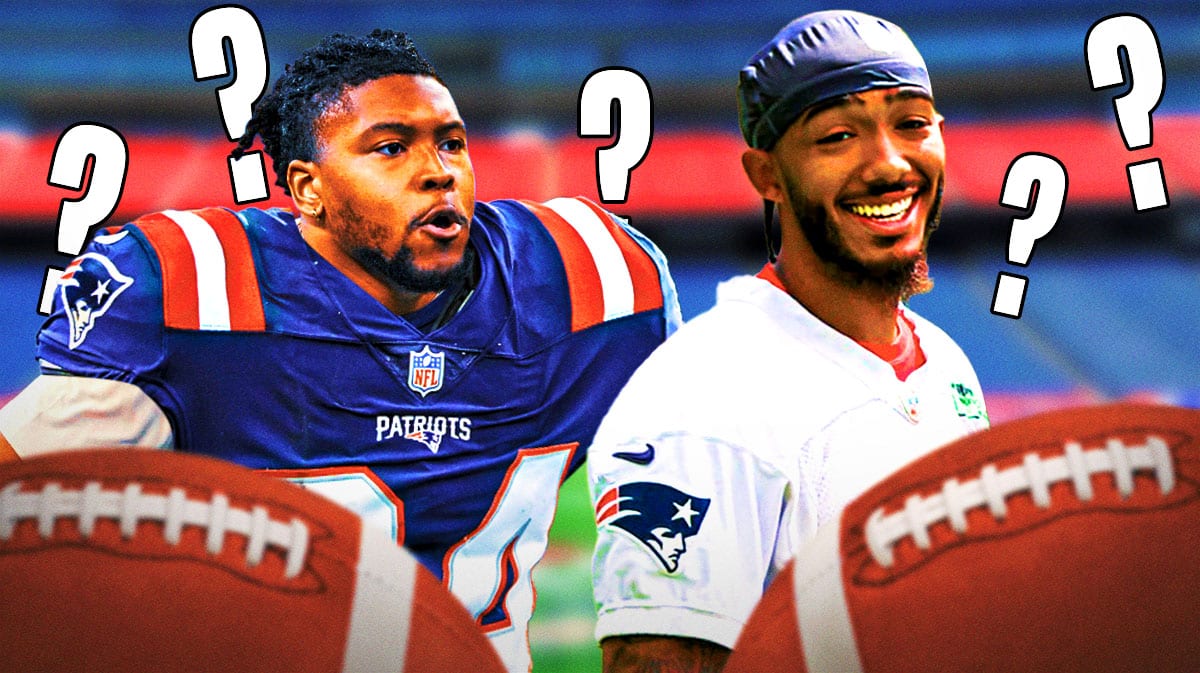 Ja'Lynn Polk and Caedan Wallace in New England Patriots uniforms with question marks in the background