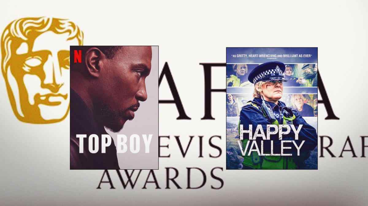 Top Boy poster, Happy Valley poster, Background: 2024 BAFTA TV Awards logo