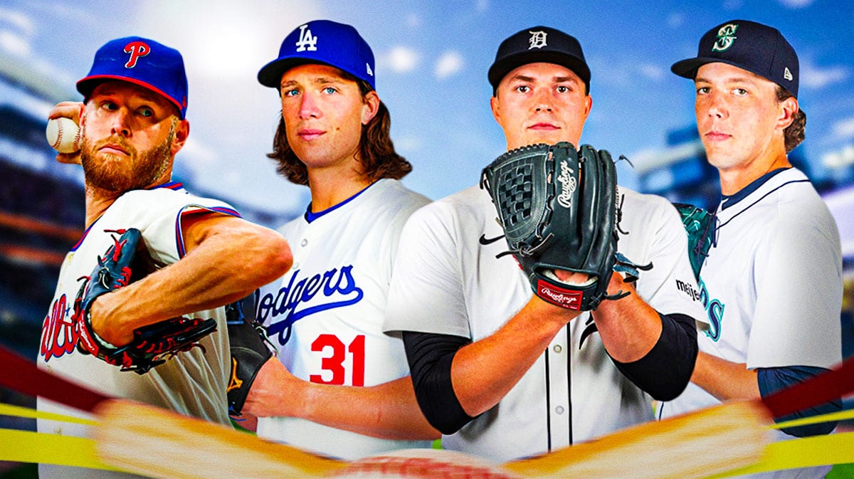 Phillies' Zack Wheeler, Dodgers' Tyler Glasnow, Tigers' Tarik Skubal, and Mariners' Logan Gilbert all pitching baseballs.