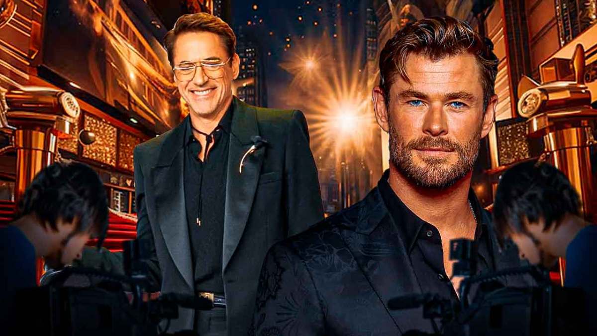 Rober Downey Jr., Chris Hemsworth; Background: Hollywood Walk of Fame