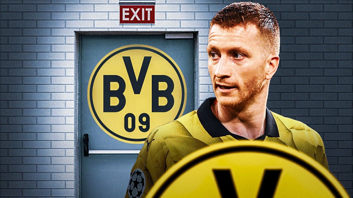 Marco Reus in front of an exit door and the Borussia Dortmund logo