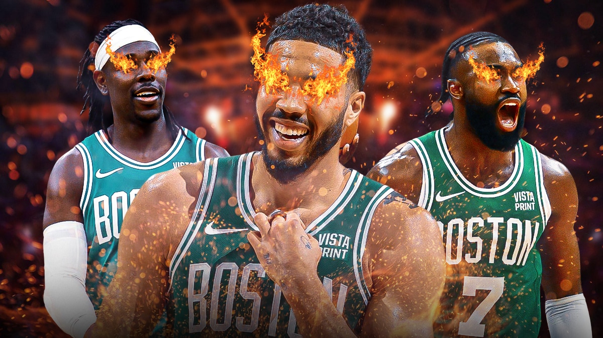 Jayson Tatum, Jaylen Brown, and Jrue Holiday with fire in their eyes. The Cleveland Cavaliers arena in the background